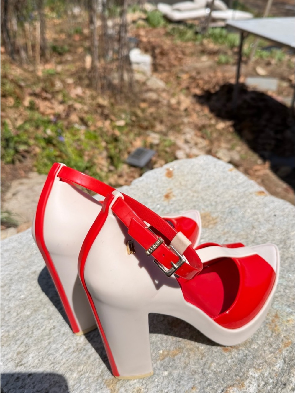 Melissa Red and Cream T-Strap Peep-Toe wide heel ankle strap pumps